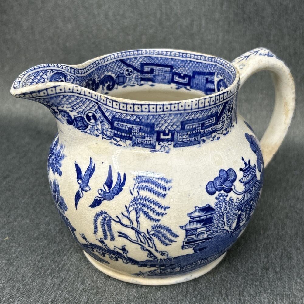 Antique W Ridgway Blue Willow Semi China Pitcher Creamer England Crazing READ